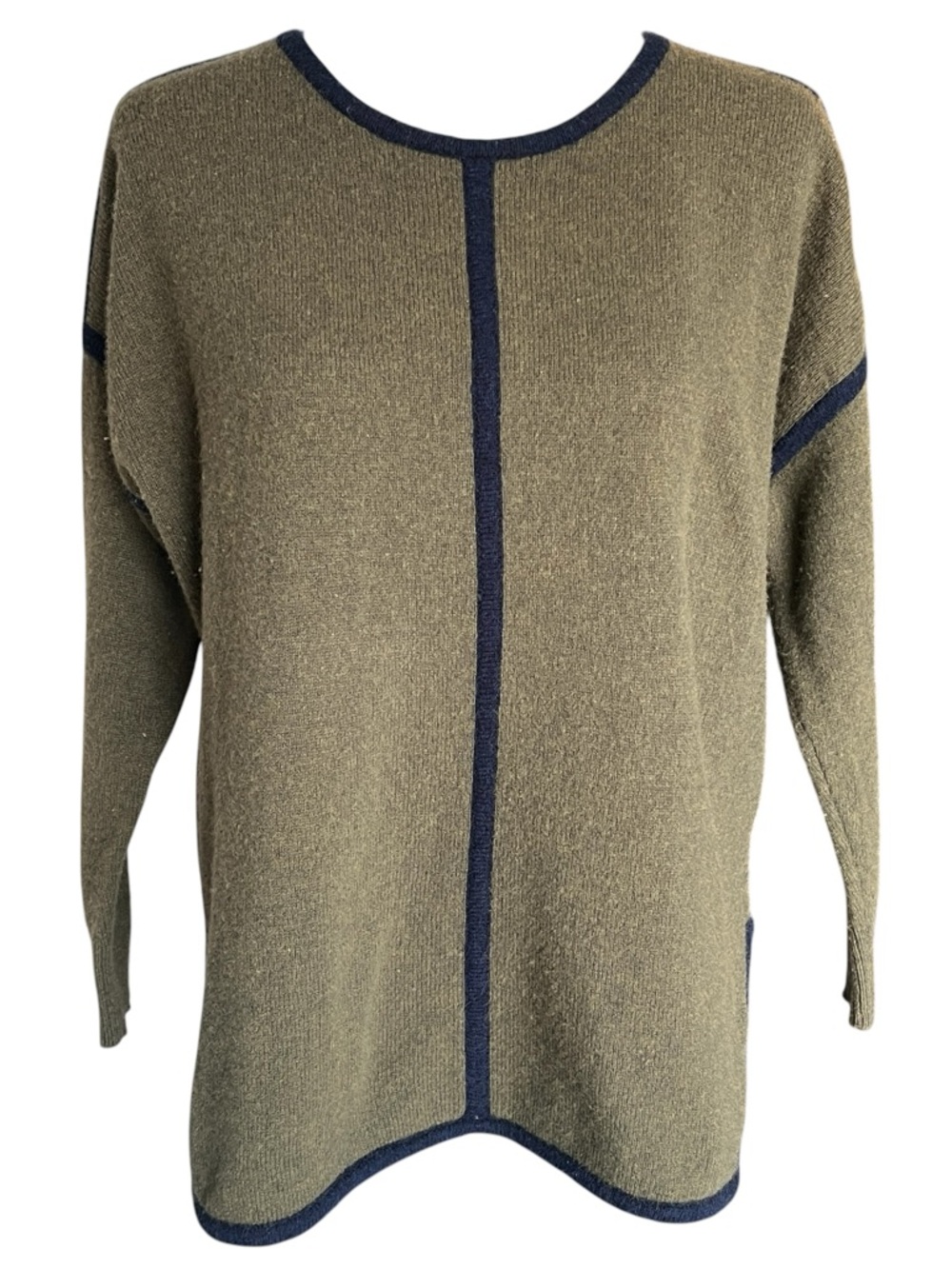J Crew Lambswool Tipped Tunic Sweater Oversized Green Navy Blue Womens XS